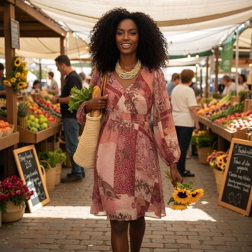 Boho Patchwork Long Sleeve Midi DressI SMALL SIZE I